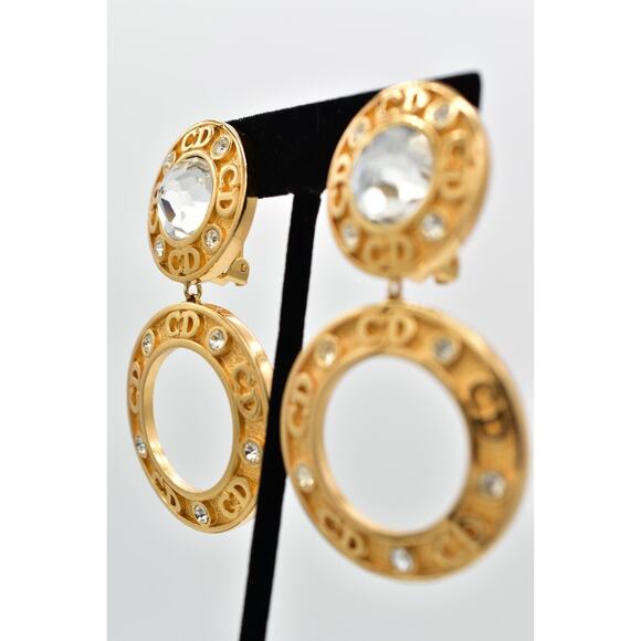 Christian Dior Vintage CD Logo Clip On Earrings Crystal Gold Chunky Signed Bin5 - Picture 3 of 12
